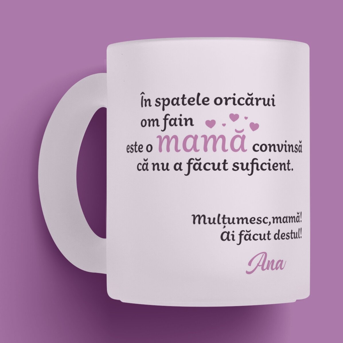 Cană sticlă mată personalizată cu o poză și text - Mulțumesc, mamă! 