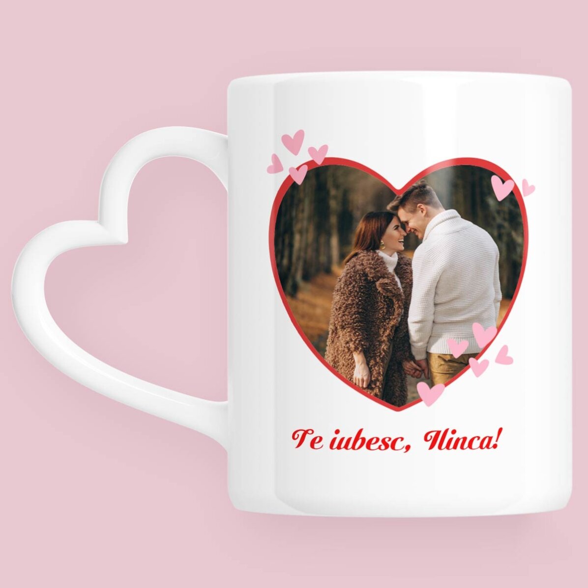 Cană personalizată cu o poză și text - You&Me - model toartă în formă de inimă