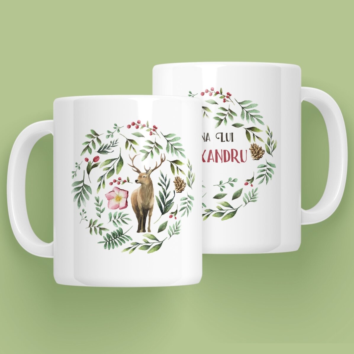Cană personalizată cu ren pentru el - model de Crăciun