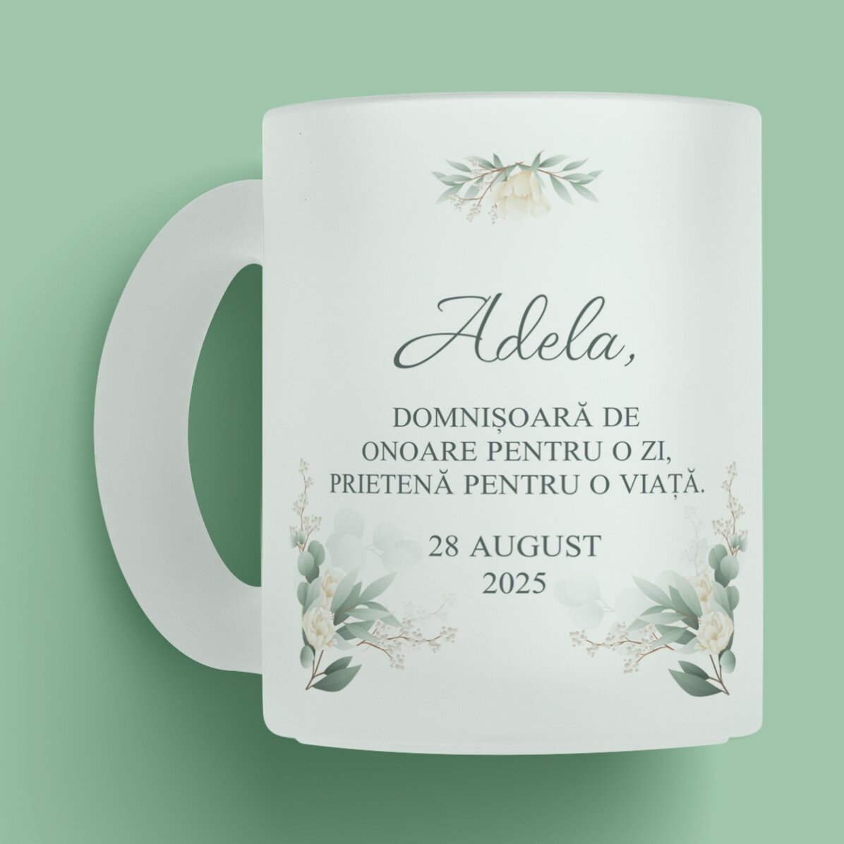 Cană sticlă mată personalizată cu text - Domnișoară de onoare