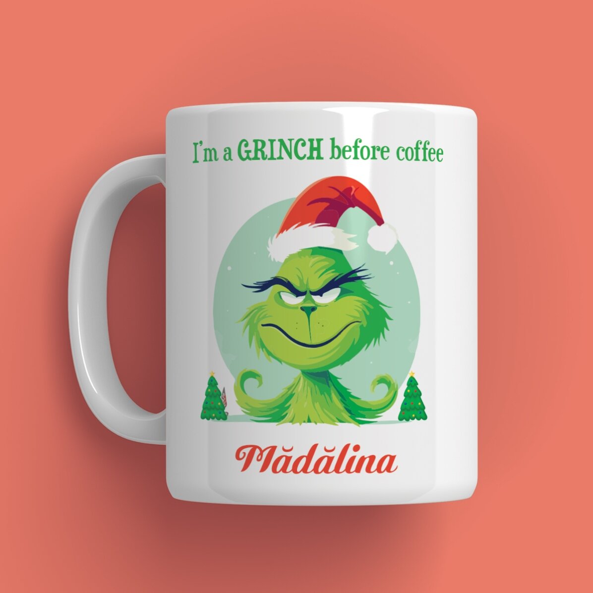 Cană personalizată cu text - Grinch before coffee