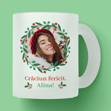 Cană sticlă mată personalizată cu text și poză - Crăciun fericit!