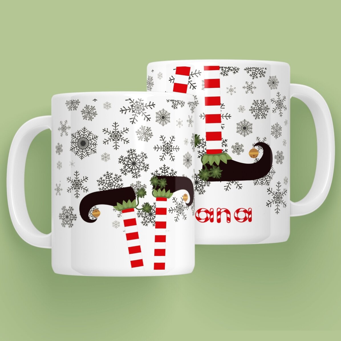 Cană personalizată Elf cu text - model de Crăciun