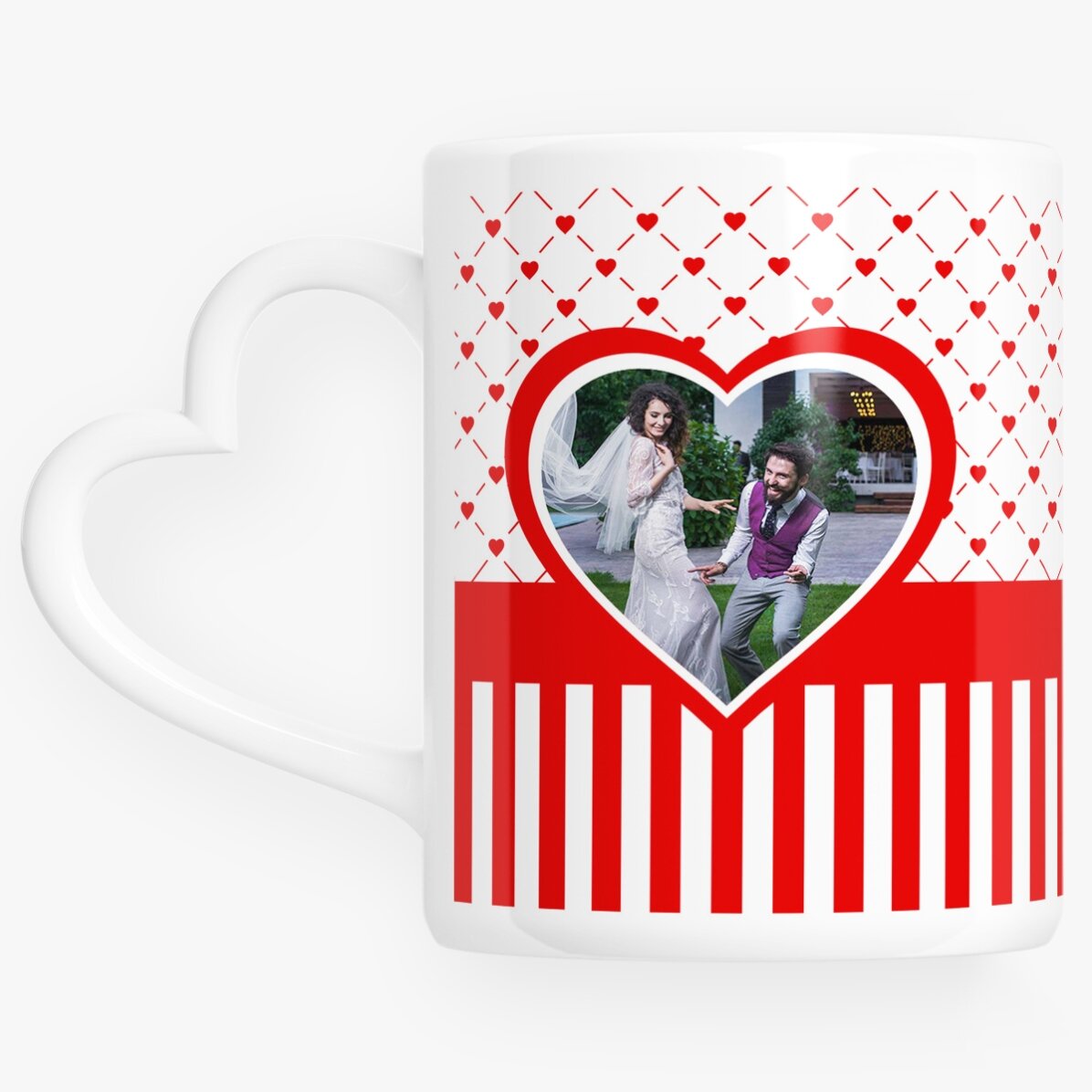 Cană personalizată #love cu o poză și text - model toartă în formă de inimă 