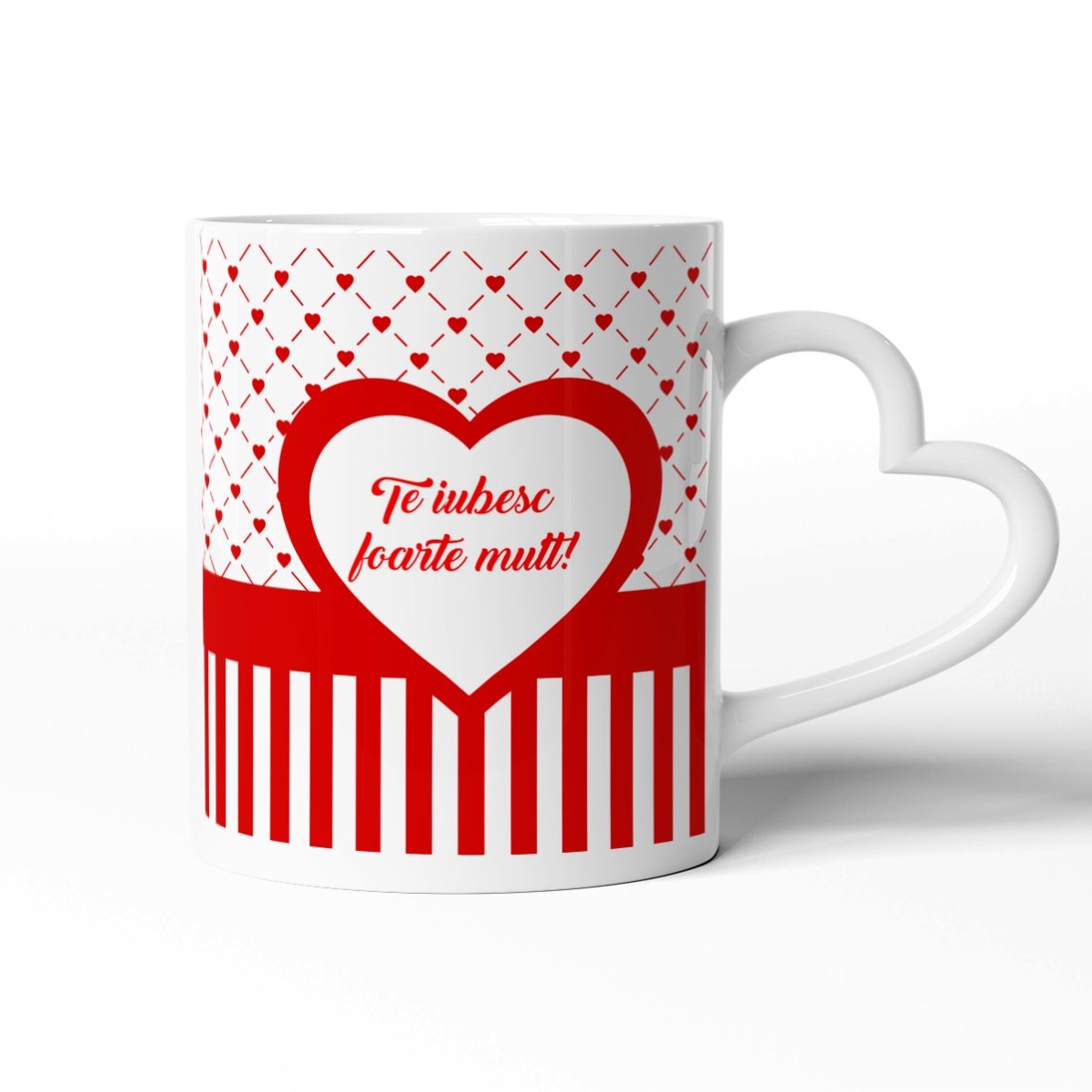 Cană personalizată #love cu o poză și text - model toartă în formă de inimă 