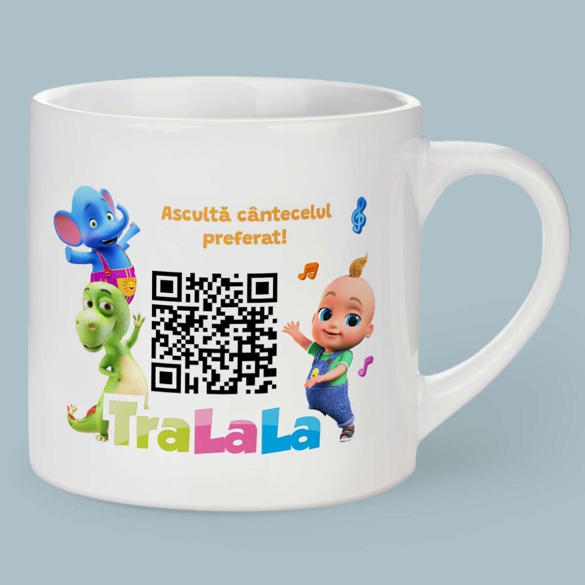 Cană personalizată pentru copii cu poză, nume și cod QR - TraLaLa