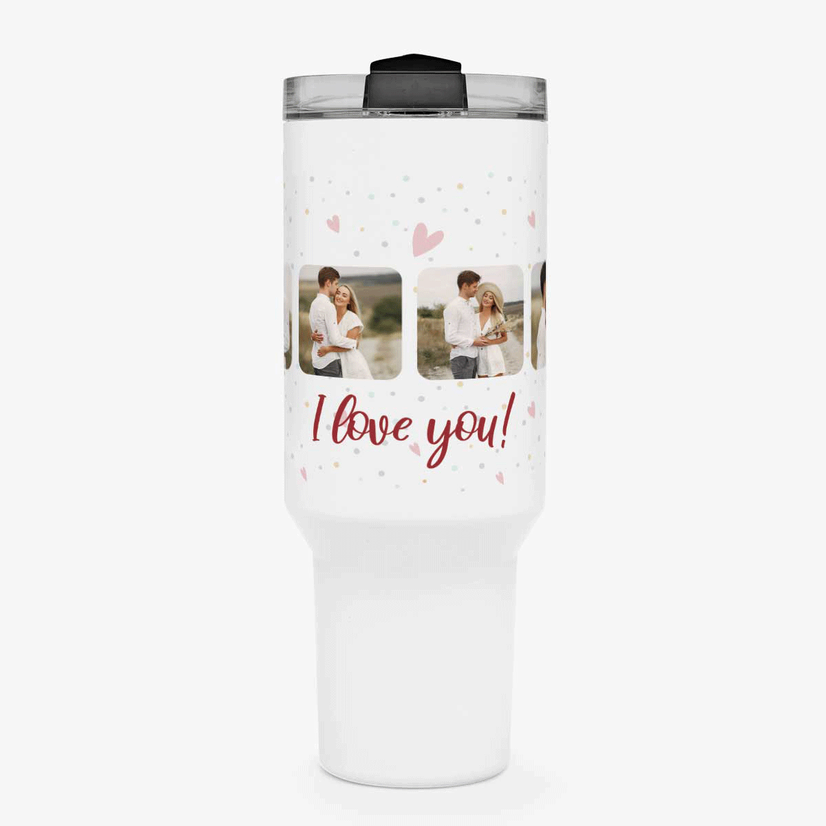 Cană termos cu mâner și pai personalizată cu 6 poze și text - Celebrate love