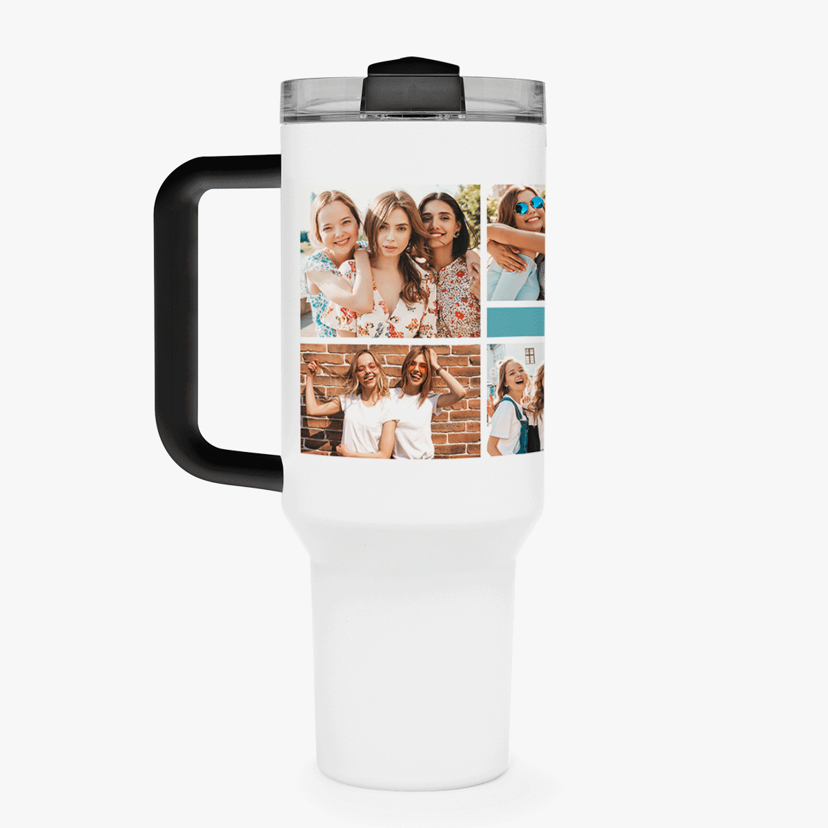 Cană termos cu mâner și pai personalizată cu colaj de poze și mesaj