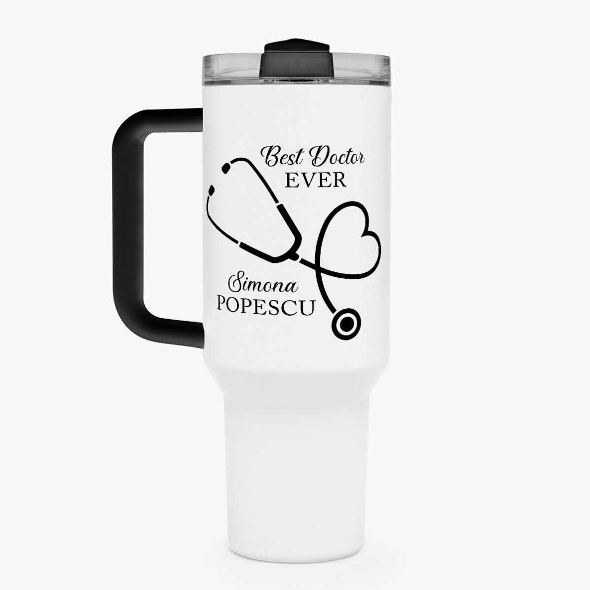 Cană termos cu mâner și pai personalizată cu mesaj - Best Doctor