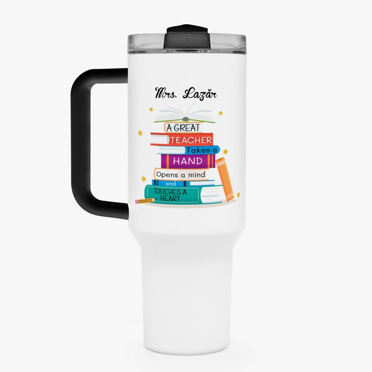 Cană termos cu mâner și pai personalizată cu mesaj - Books