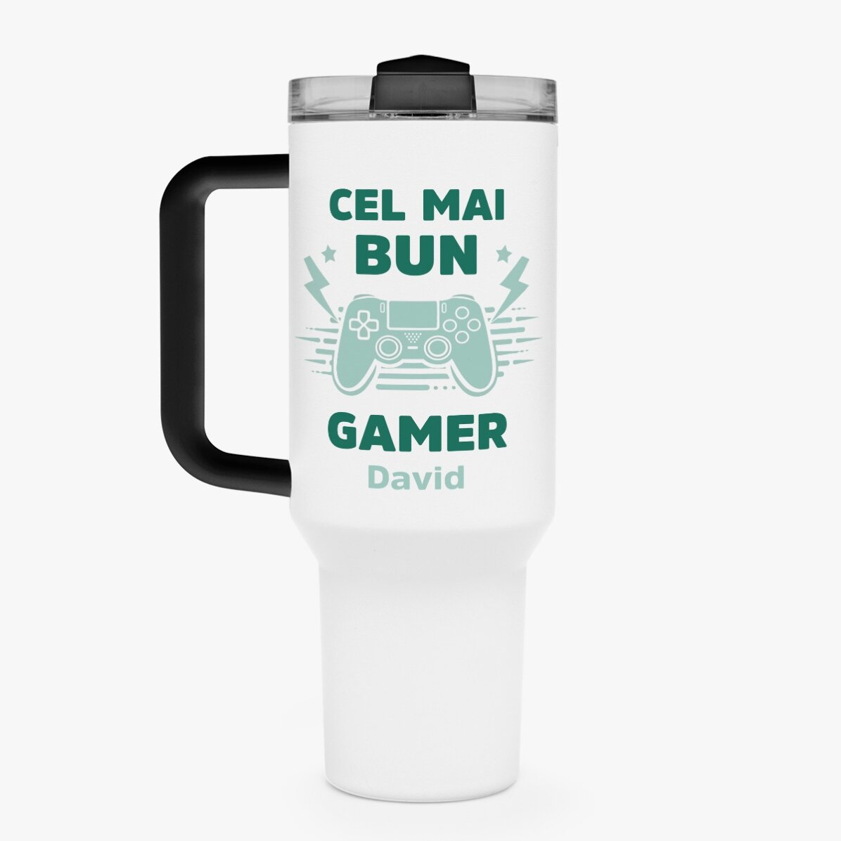 Cană termos cu mâner și pai personalizată cu mesaj - Gaming