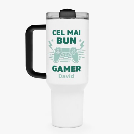 Cană termos cu mâner și pai personalizată cu mesaj - Gaming