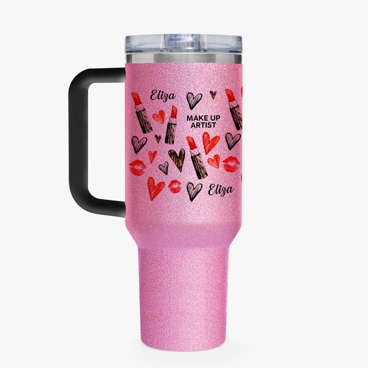 Cană termos cu mâner și pai personalizată cu mesaj - Make up artist