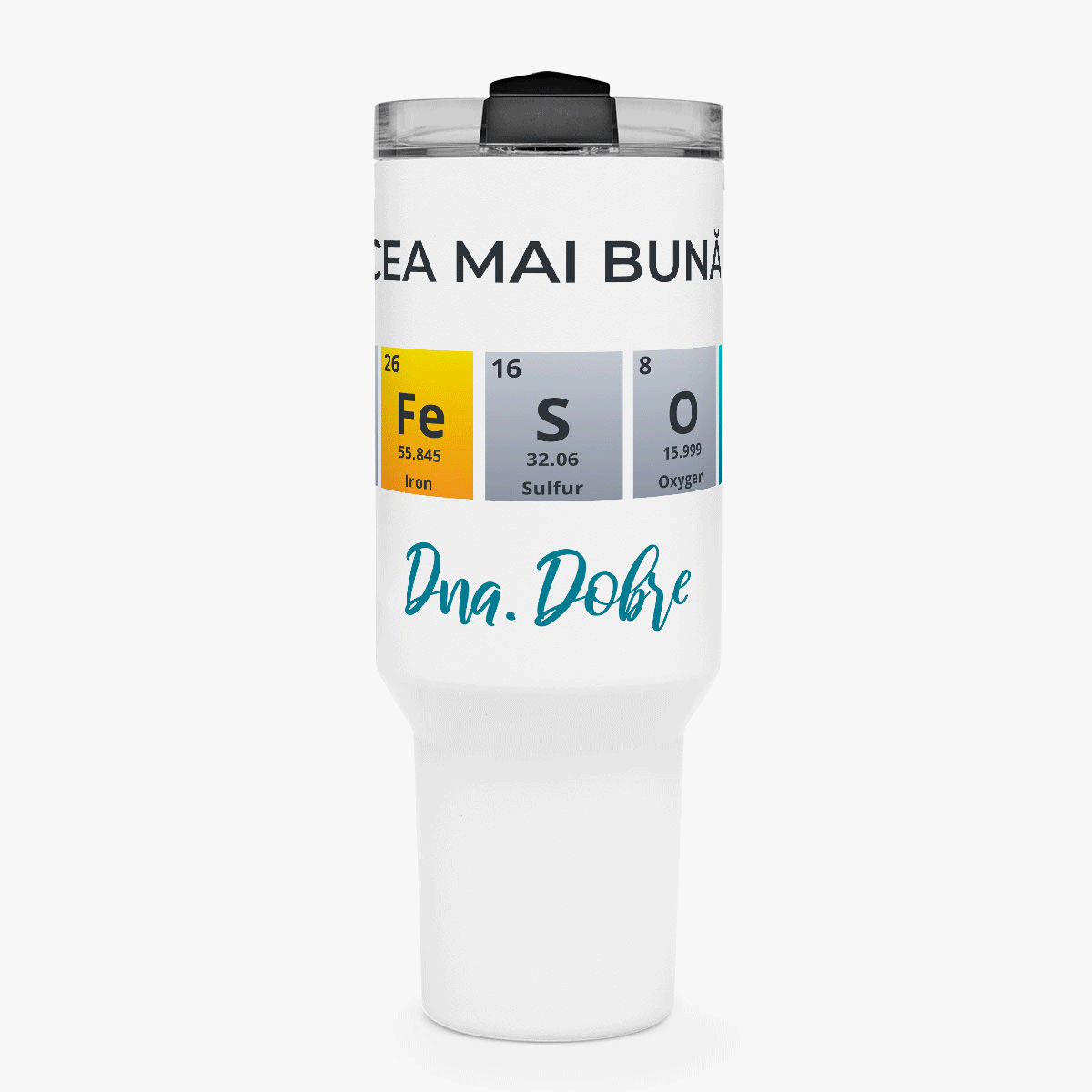 Cană termos cu mâner și pai personalizată cu mesaj - Profesoară de Chimie