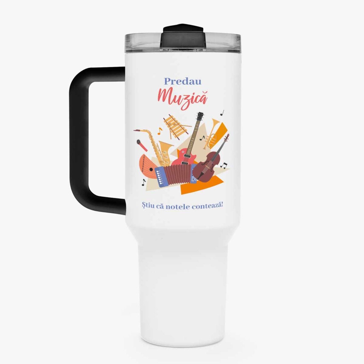 Cană termos cu mâner și pai personalizată cu mesaj - Profesoară de Educație Muzicală