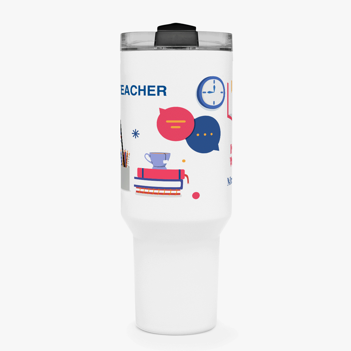 Cană termos cu mâner și pai personalizată cu mesaj - Profesoară de Engleză