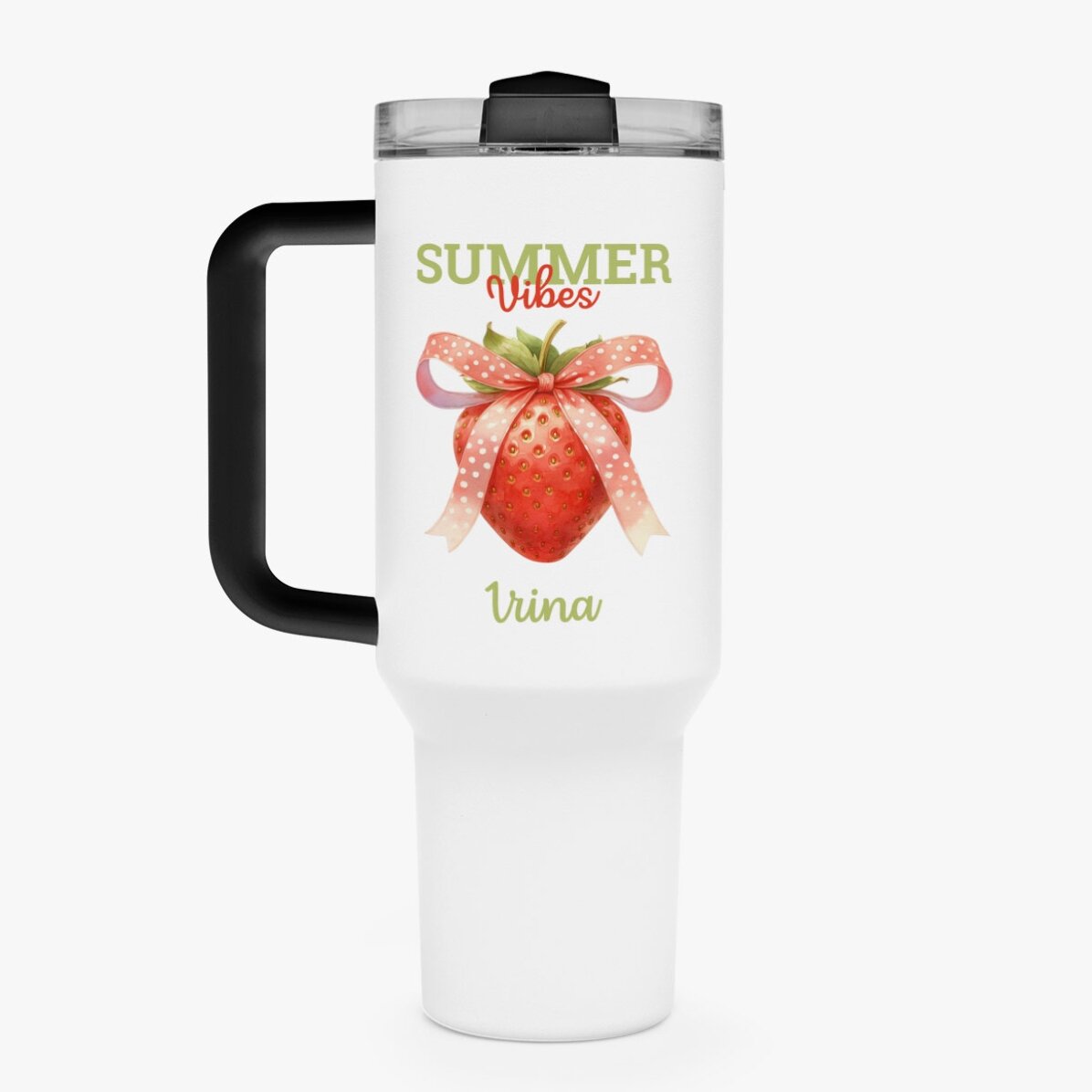 Cană termos cu mâner și pai personalizată cu mesaj - Summer Vibes