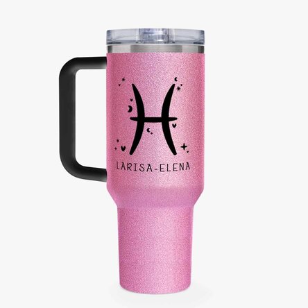 Cană termos cu mâner și pai personalizată cu mesaj - Zodia Pești