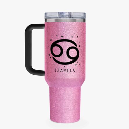 Cană termos cu mâner și pai personalizată cu mesaj - Zodia Rac
