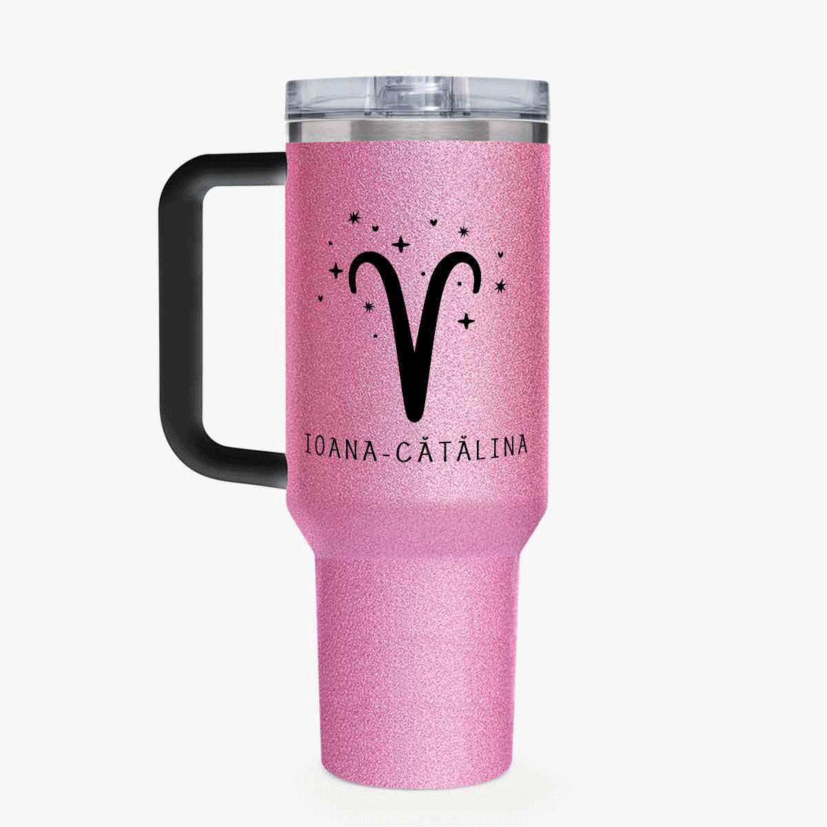 Cană termos cu mâner și pai personalizată cu mesaj - Zodie