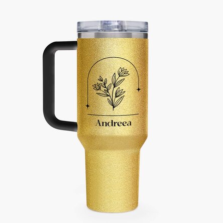 Cană termos cu mâner și pai personalizată cu nume - Floare