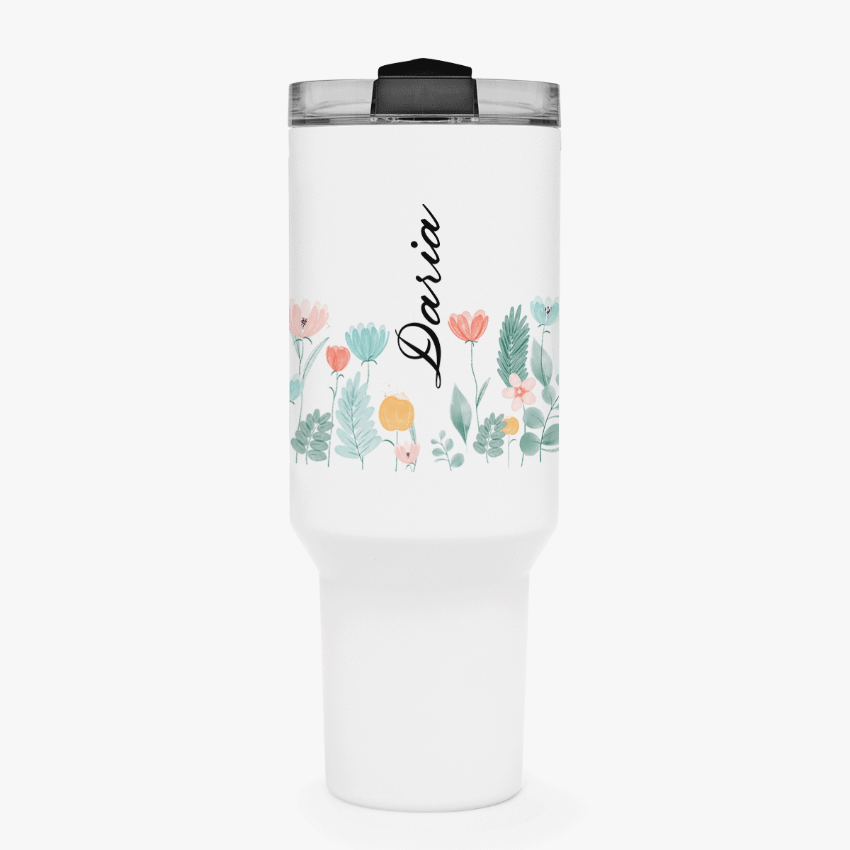 Cană termos cu mâner și pai personalizată cu nume - Flowers