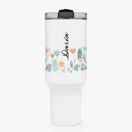Cană termos cu mâner și pai personalizată cu nume - Flowers