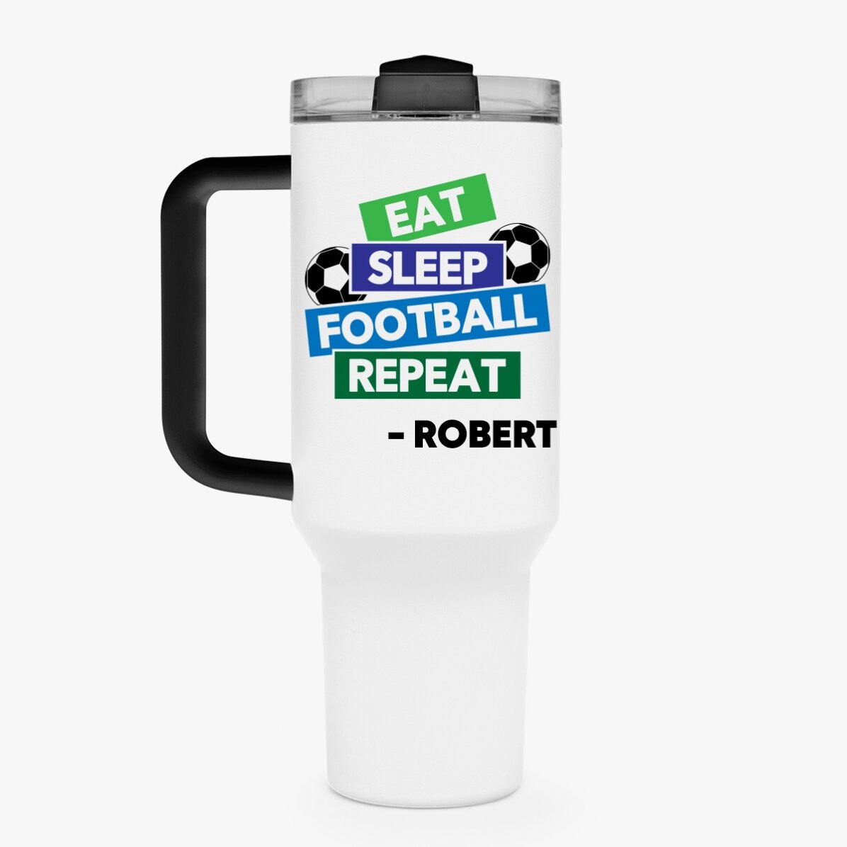 Cană termos cu mâner și pai personalizată cu nume - Football