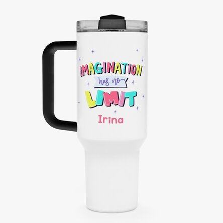 Cană termos cu mâner și pai personalizată cu nume - Imagination