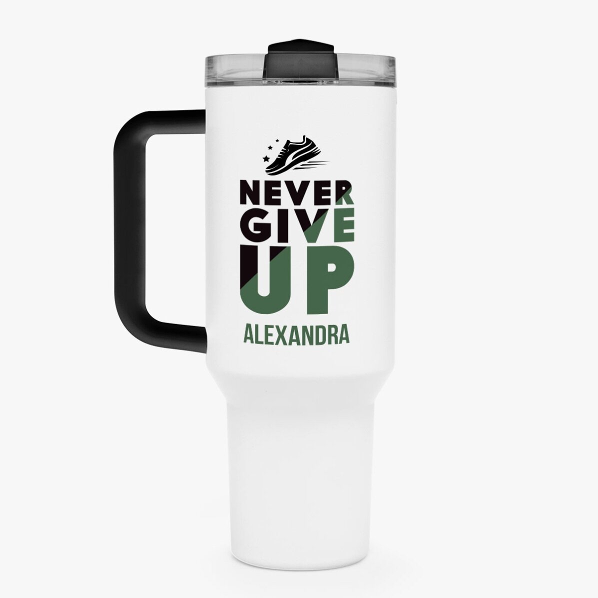 Cană termos cu mâner și pai personalizată cu nume - Never give up