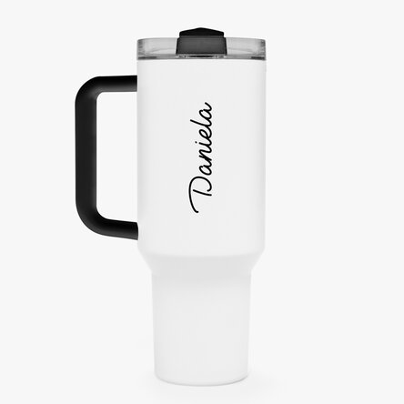 Cană termos cu mâner și pai personalizată cu nume