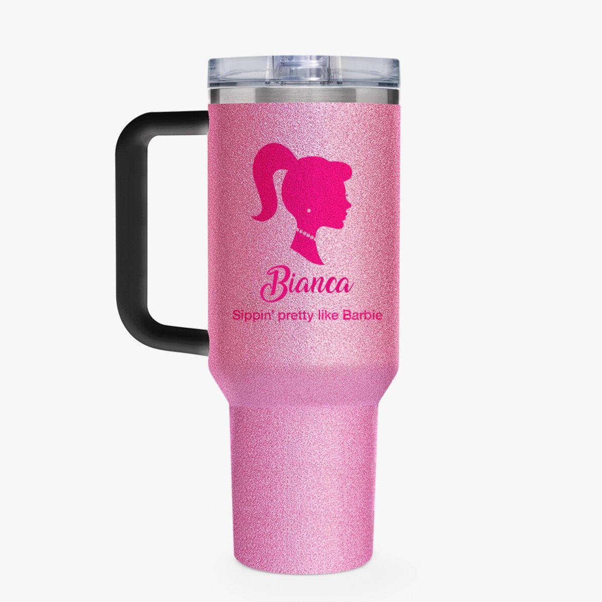 Cană termos cu mâner și pai personalizată cu text - Barbie
