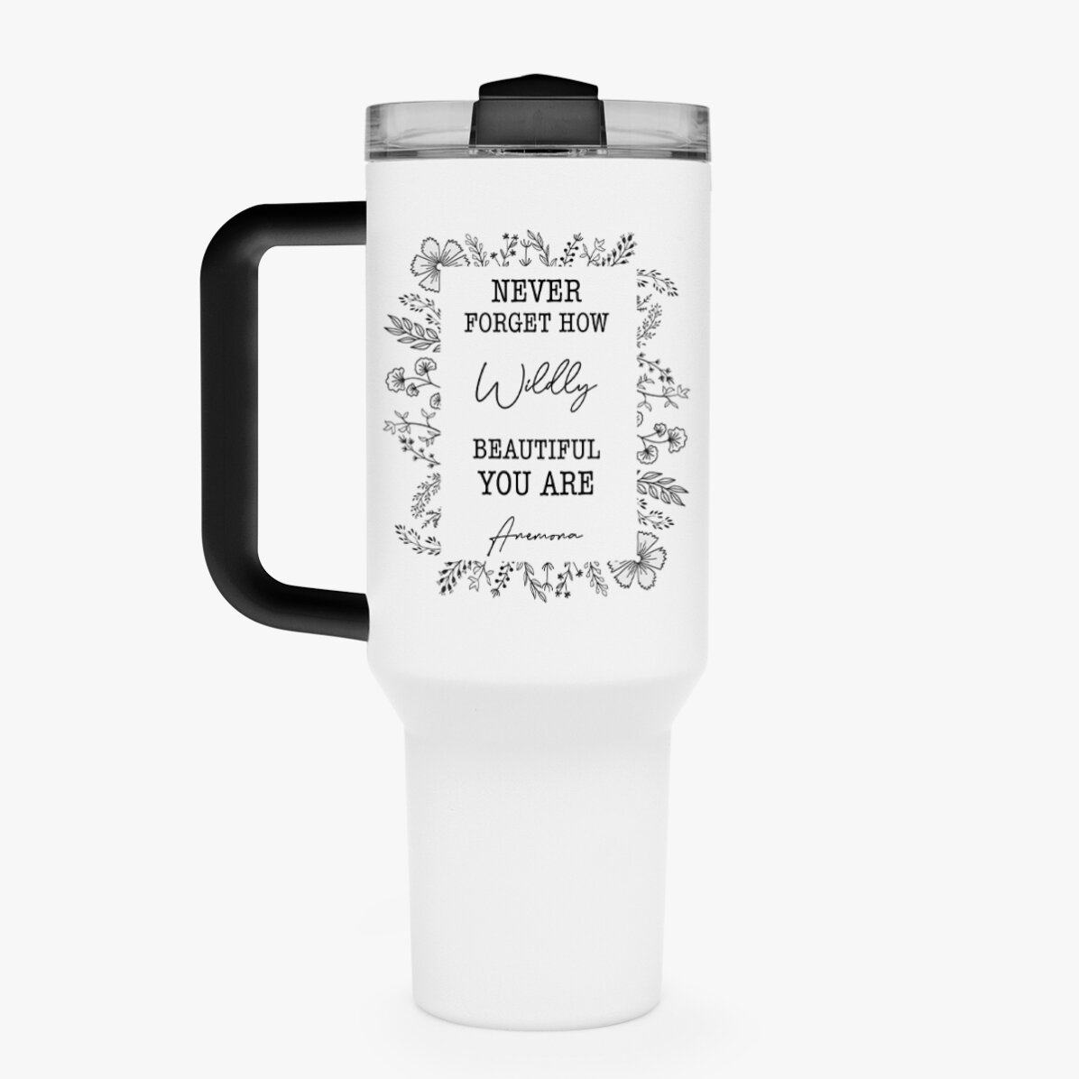 Cană termos cu mâner și pai personalizată cu text - Flower frame