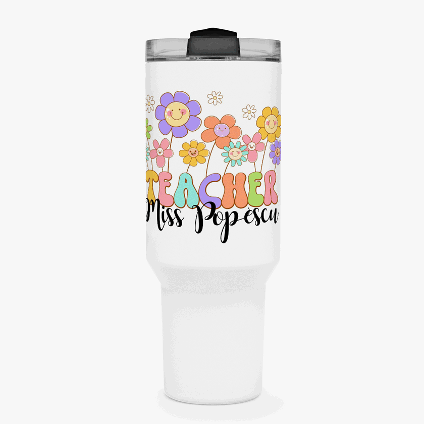 Cană termos cu mâner și pai personalizată cu text - Profesori