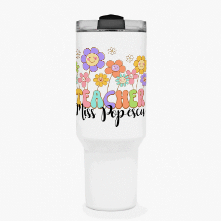 Cană termos cu mâner și pai personalizată cu text - Profesori