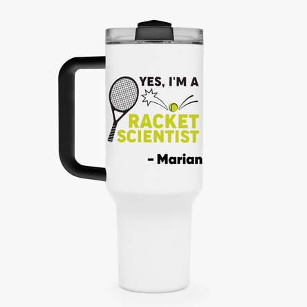 Cană termos cu mâner și pai personalizată cu text - Racket scientist
