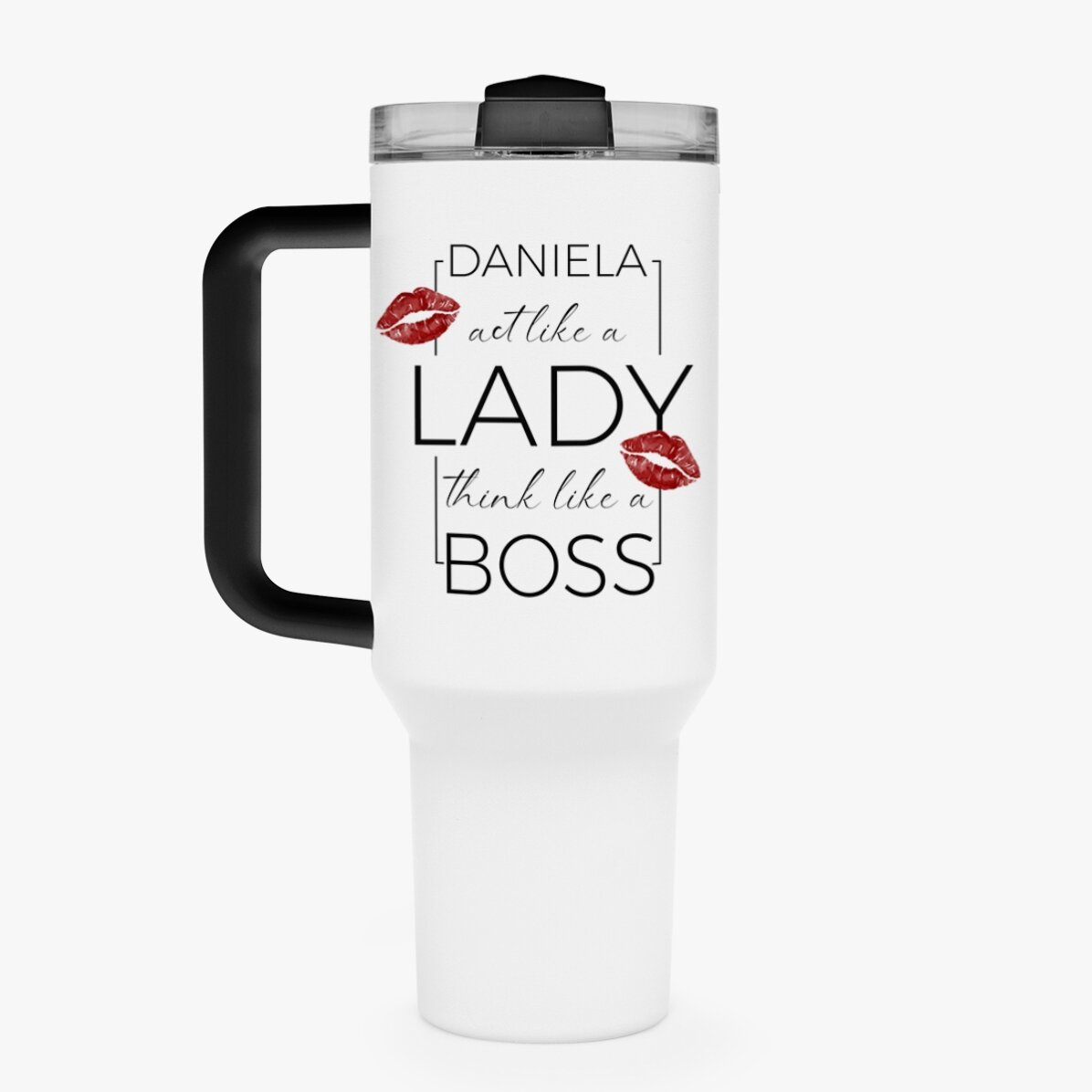 Cană termos cu mâner și pai personalizată cu text - Think like a lady, act like a boss