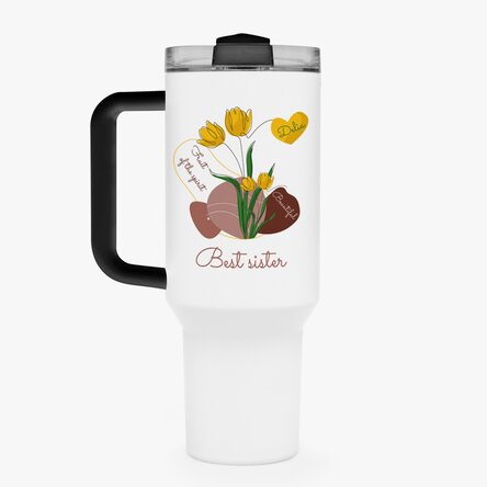 Cană termos cu mâner și pai personalizată cu text - Tulips