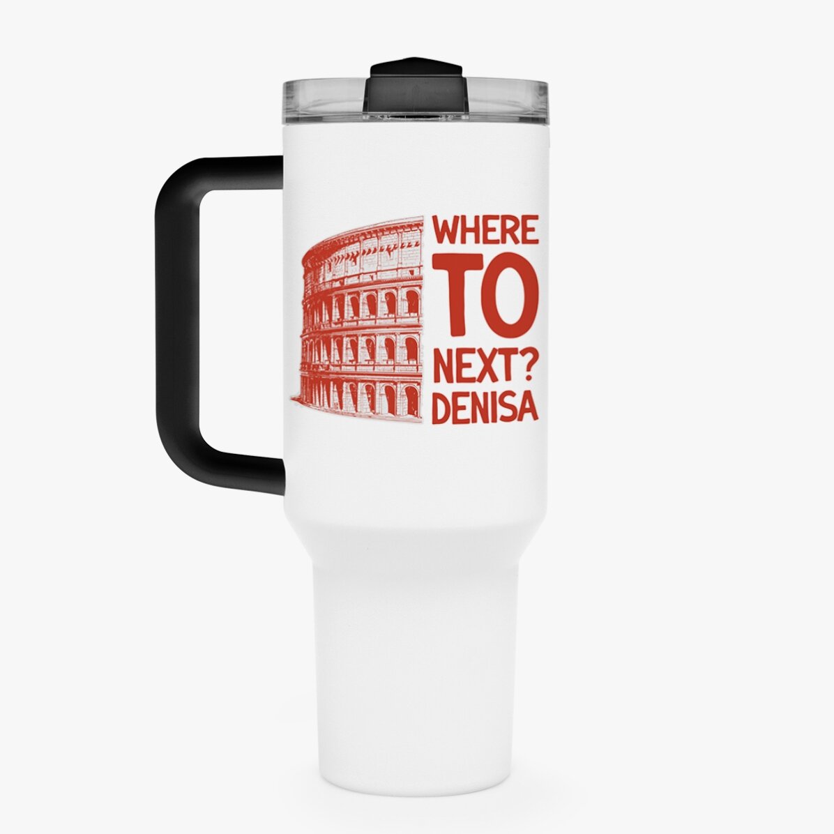 Cană termos cu mâner și pai personalizată cu text - Where to next?