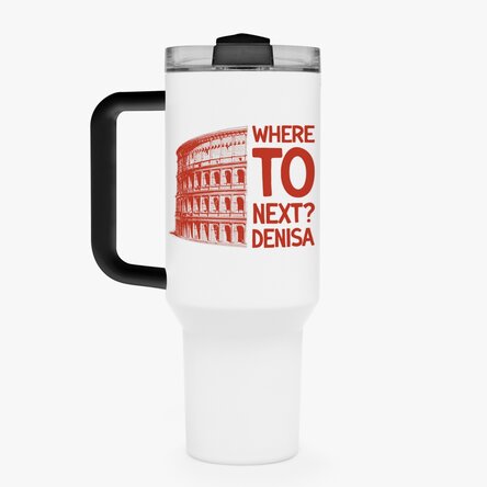 Cană termos cu mâner și pai personalizată cu text - Where to next?