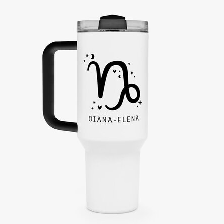 Cană termos cu mâner și pai personalizată cu text - Zodia Capricorn