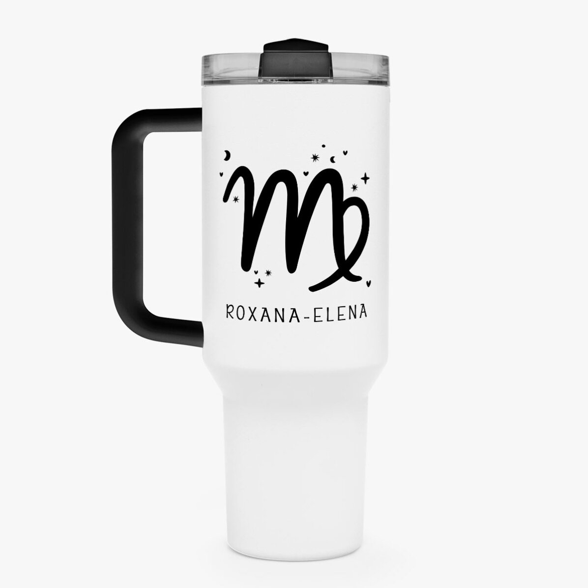 Cană termos cu mâner și pai personalizată cu text - Zodia Fecioară