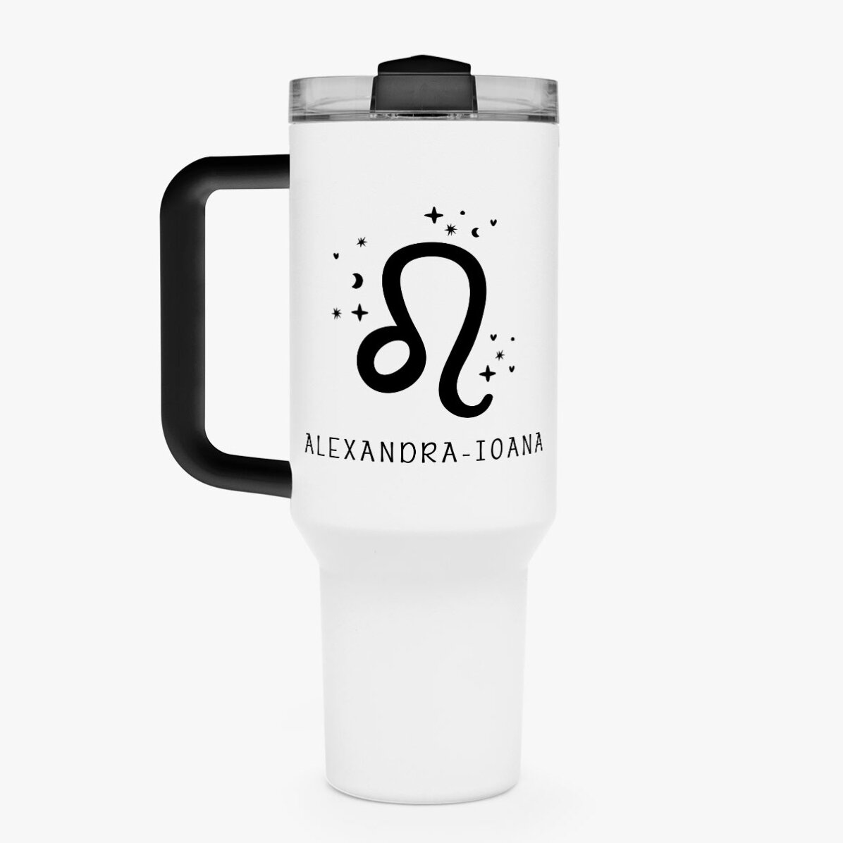 Cană termos cu mâner și pai personalizată cu text - Zodia Leu