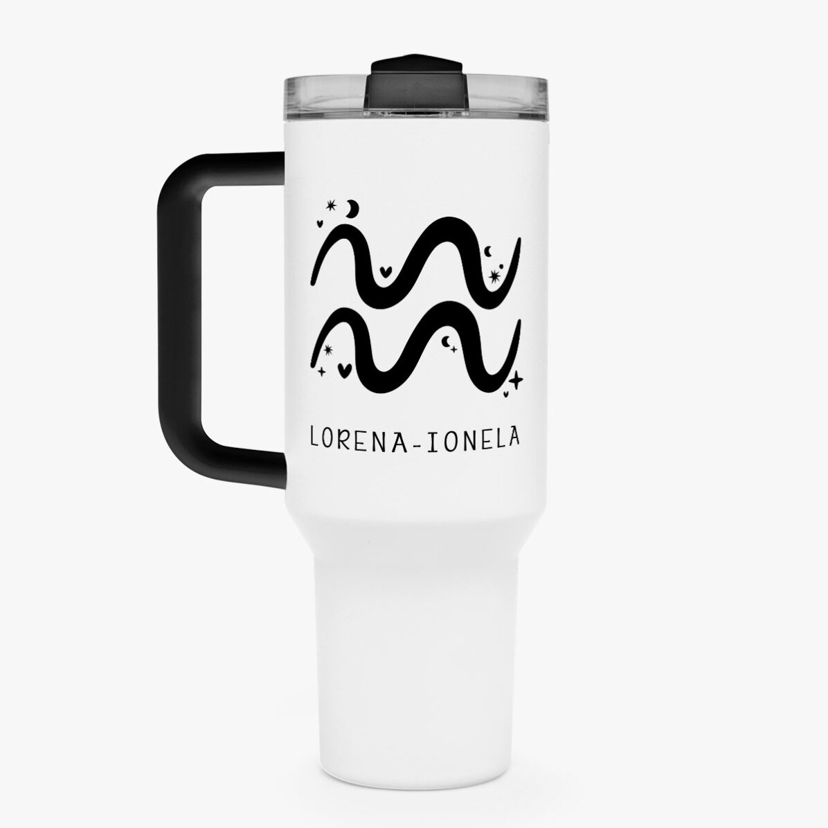 Cană termos cu mâner și pai personalizată cu text - Zodia Vărsător