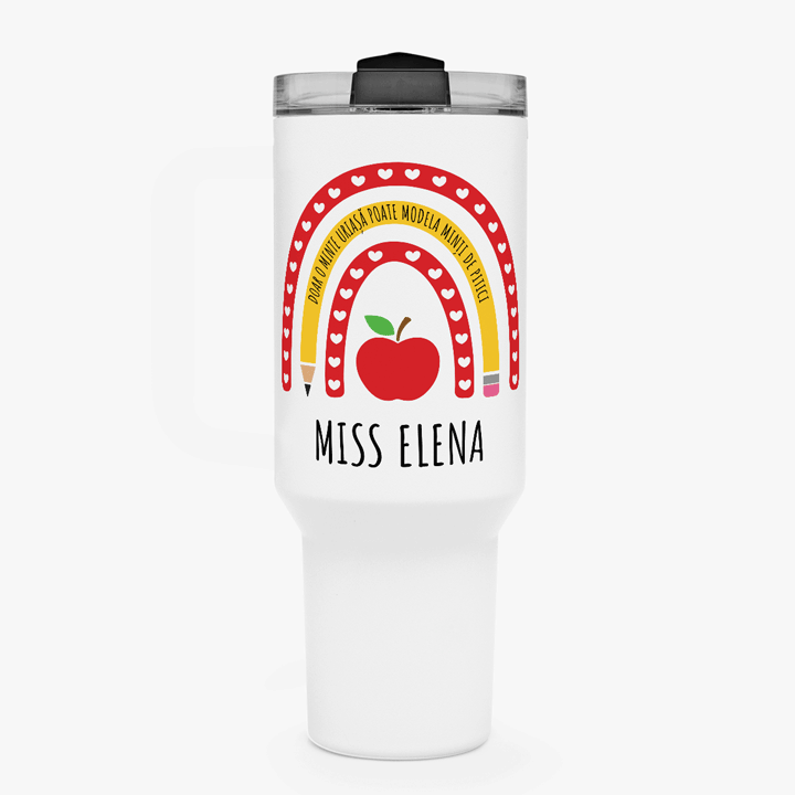 Cană termos cu mâner și pai personalizată cu nume - Teacher