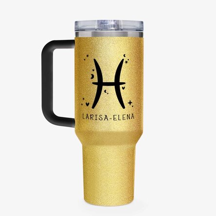 Cană termos cu mâner și pai personalizată - Zodia Pești