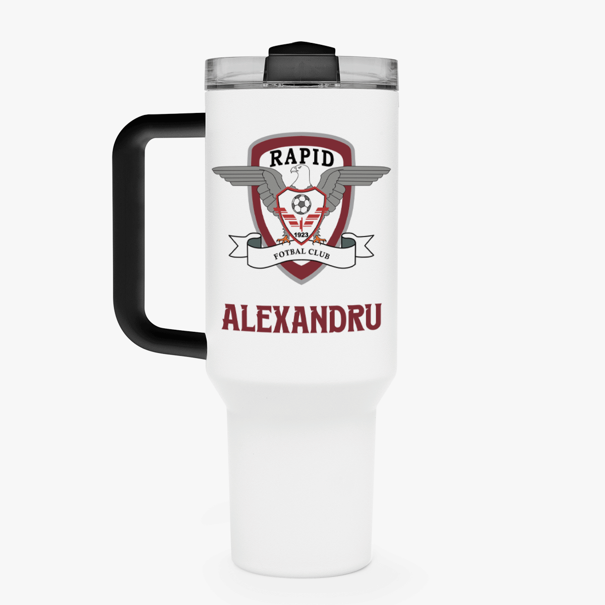 Cană termos FC Rapid cu mâner și pai personalizată cu logo și mesaj