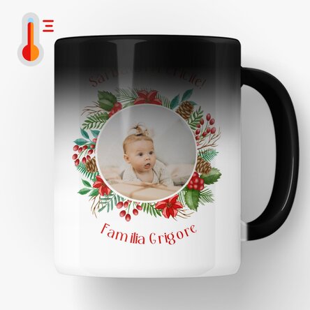 Cană termosensibilă personalizată cu 2 poze și mesaj - Sărbători Fericite! 