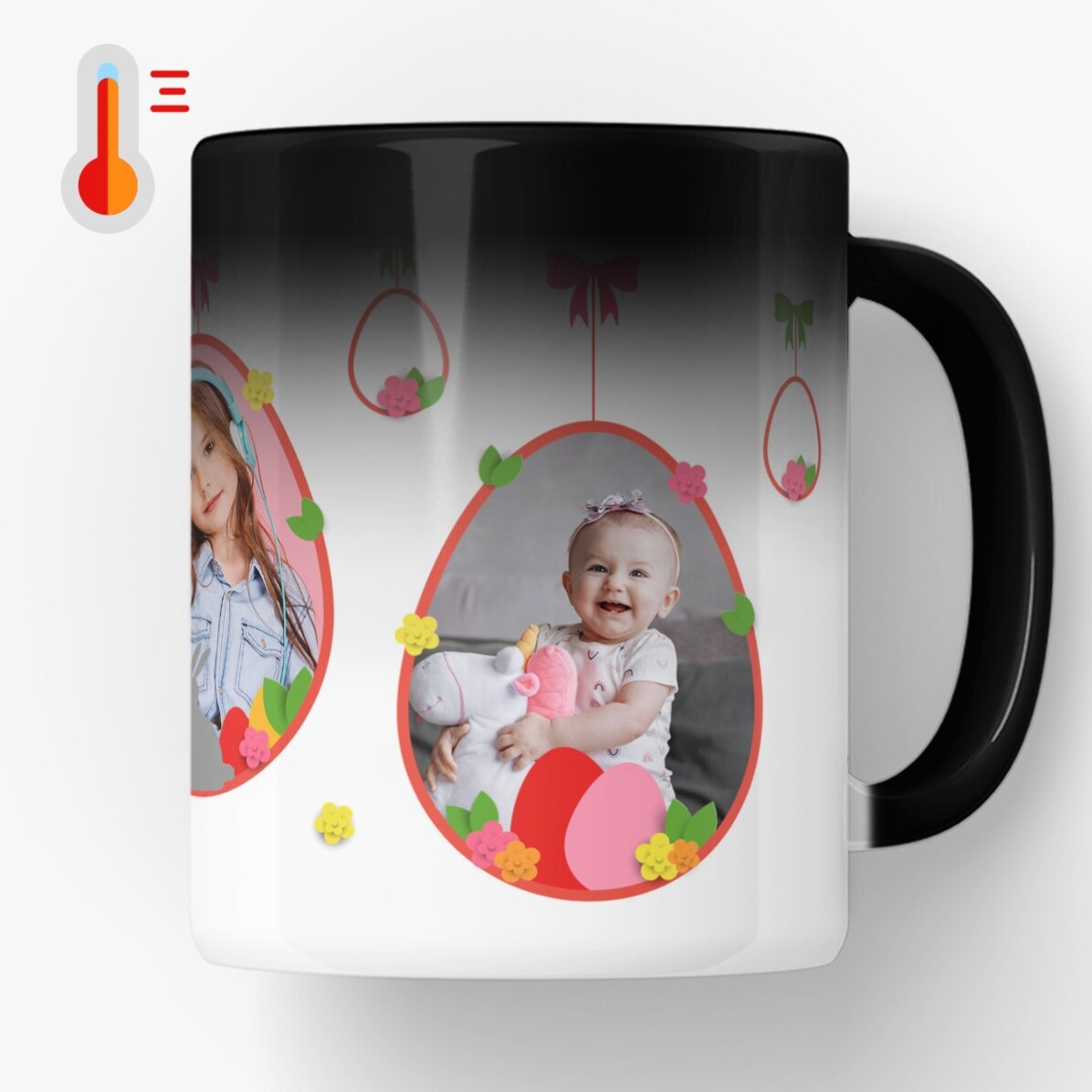 Cană termosensibilă personalizată cu 2 poze și text - Happy Easter 