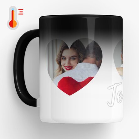 Cană termosensibilă personalizată cu 3 poze în formă de inimă - Te iubesc! 